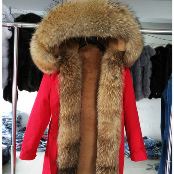 Long Quilted Jacket With Fur Collar And Raccoon Fur